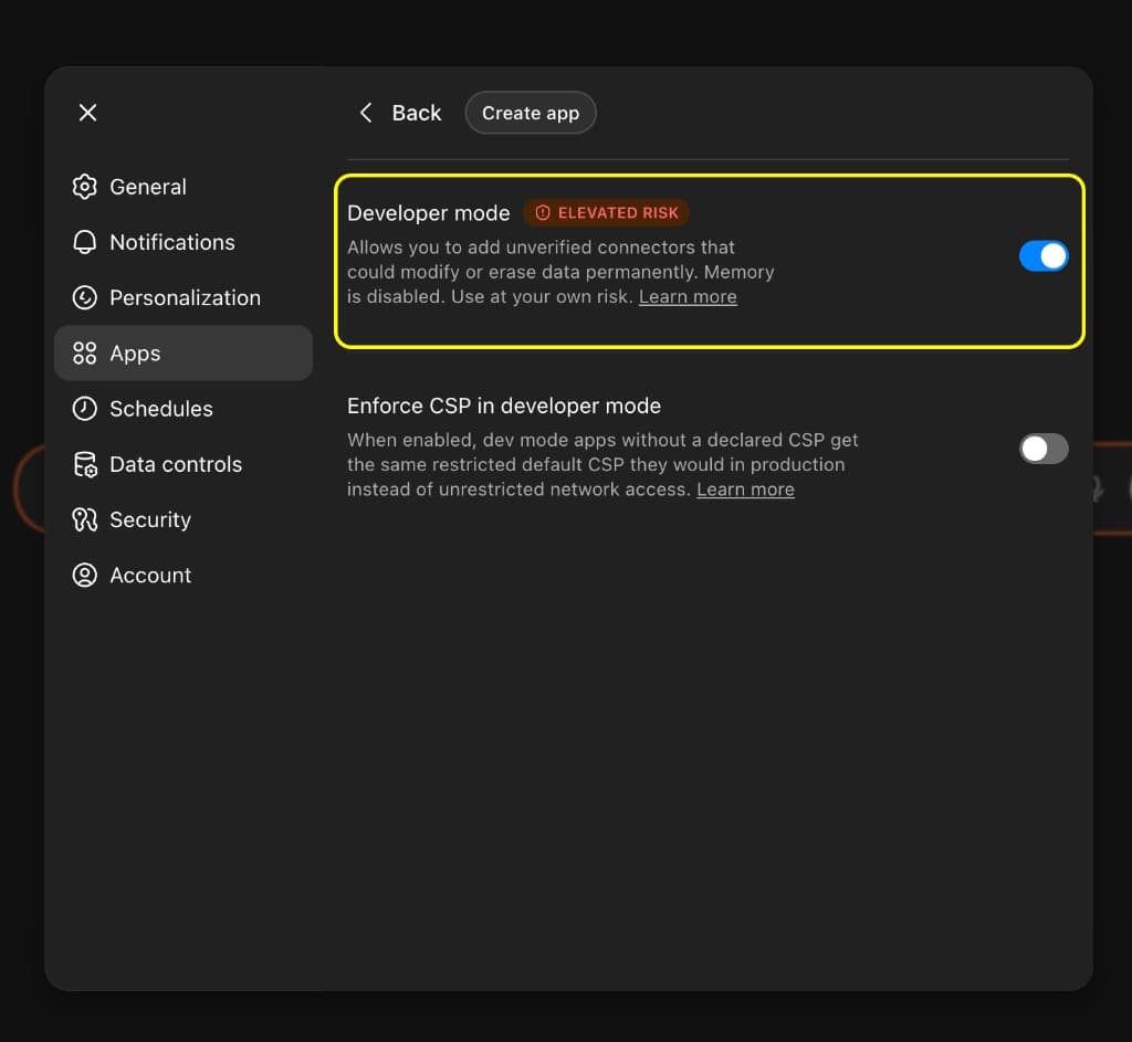 ChatGPT Settings under Apps showing Developer mode toggled on with the elevated risk notice