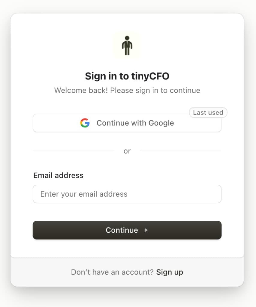 tinyCFO sign-in modal with Continue with Google, email option, and Continue button