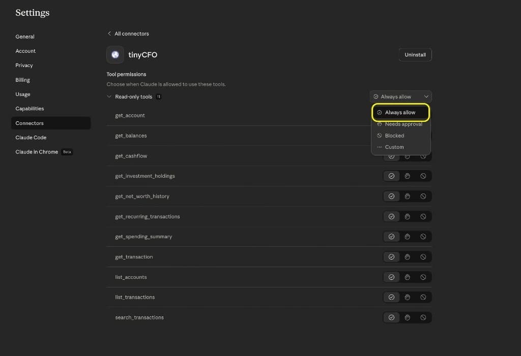 tinyCFO tool permissions in Claude showing the Always allow option selected
