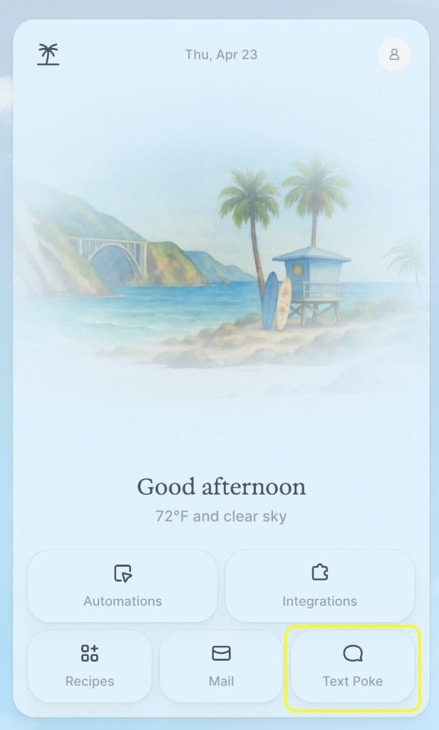 Poke home screen showing the Text Poke button in the bottom right of the shortcut grid
