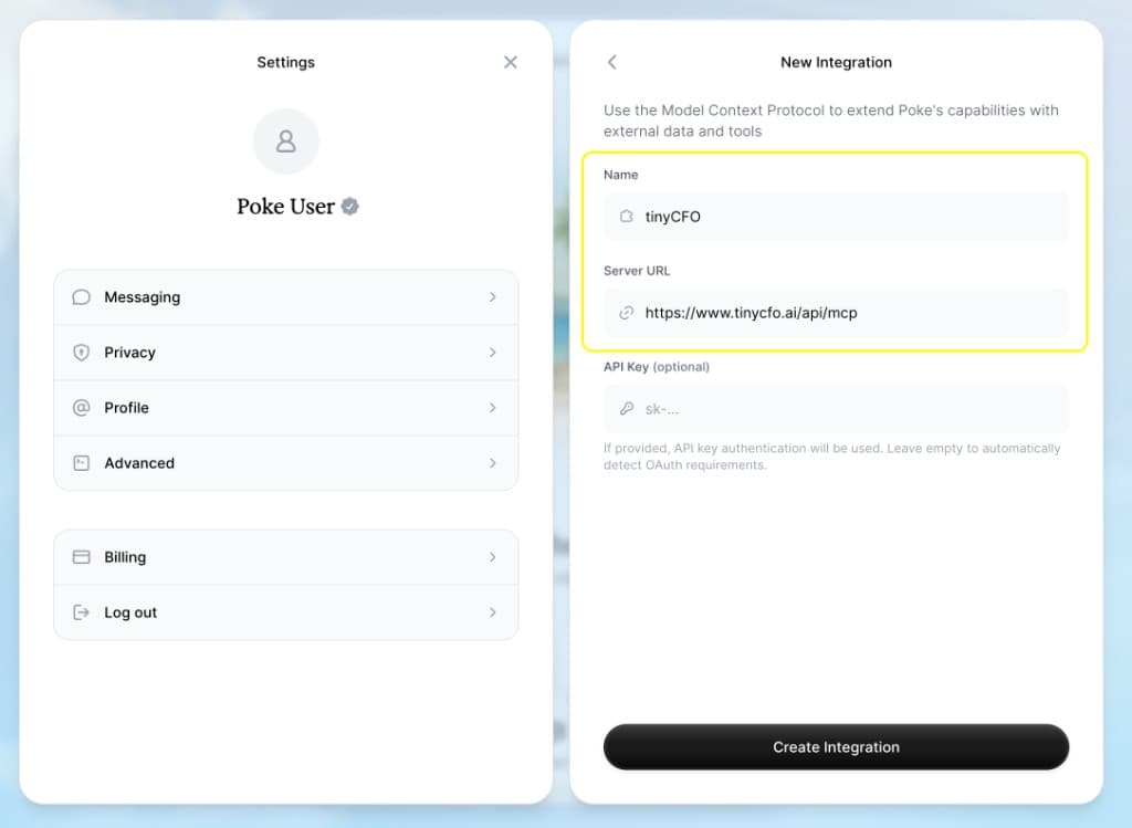 Poke New Integration with Name tinyCFO and Server URL filled in, optional API key left empty for OAuth
